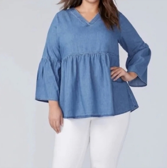LANEBRYANT Chambray Bell Sleeve V-neck Blouse Blue Womens Plus Sz 18/20 - Picture 1 of 12